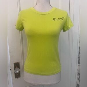 Kerri Rosenthal women’s Chartruse t shirt with “loved” embroidery